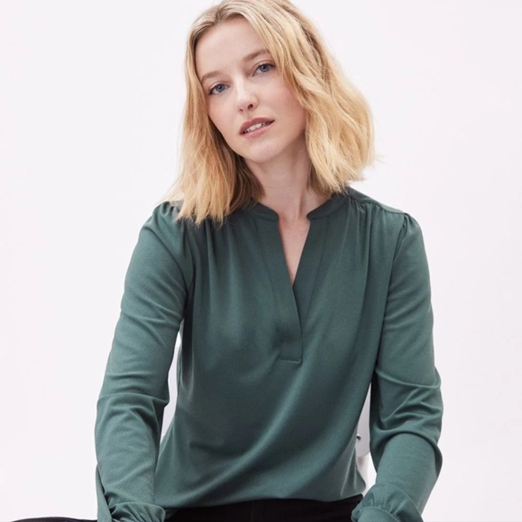 RW&Co Long Sleeve Split-Neck Top in Dark Teal - Picture 6 of 6